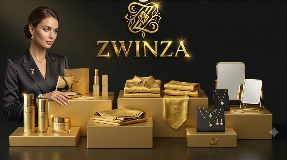 A promotional display for ZWINZA featuring a woman in a dark blazer seated beside gold cosmetic bottles, folded gold textiles, a mirror, and jewelry on gold pedestals against a black background with a large gold ZWINZA logo.